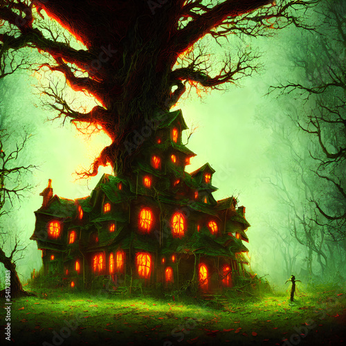 Wallpaper Mural An Illustration of an old haunted house with light in its windows surrounded by trees in a dark forest Torontodigital.ca