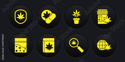 Set Plastic bag of cannabis, Medical bottle with marijuana, Book and or, Magnifying glass, Marijuana plant, Herbal ecstasy tablets, Legalize globe and Shield leaf icon. Vector
