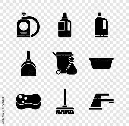 Set Dishwashing liquid bottle and plate, Fabric softener, Sponge, Handle broom, Water tap, Dustpan and Trash can garbage bag icon. Vector