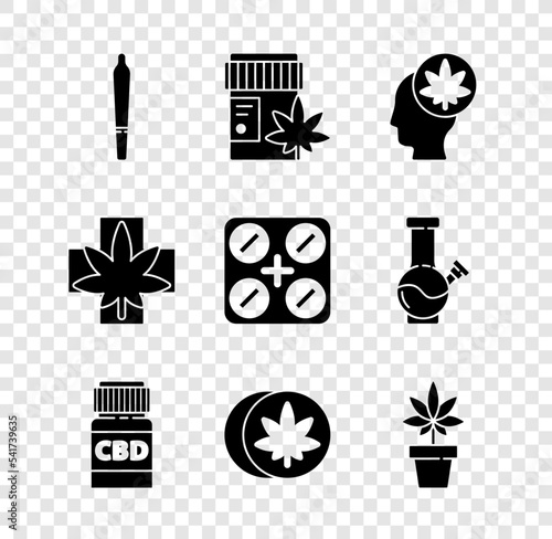 Set Marijuana joint, Medical bottle with marijuana, Head or cannabis, Herbal ecstasy tablets, plant, leaf and pills icon. Vector