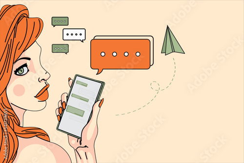 Modern young woman secretly chatting via social media in mobile smartphone and looking around