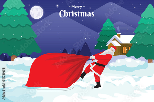 Santa Claus is dragging a huge bag full of Christmas presents across the snow on Christmas eve