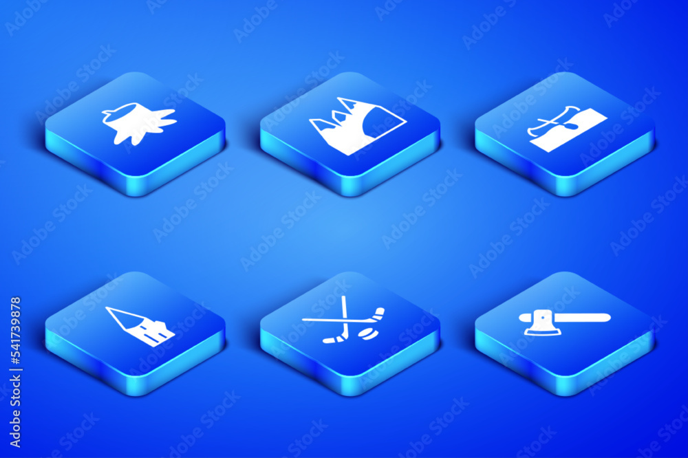 Set Wooden axe, Tree stump, Ice hockey sticks and puck, log, Mountains and Kayak or canoe icon. Vector Set Wooden axe, Tree stump, Ice hockey sticks and puck, log, Mountains and Kayak or canoe icon. Vector