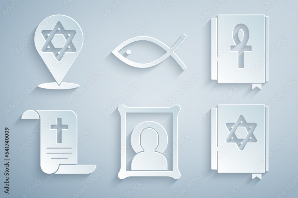 Set Christian icon, Cross ankh book, Decree, paper, parchment, scroll, Jewish torah, fish and Star of David icon. Vector Set Christian icon, Cross ankh book, Decree, paper, parchment, scroll, Jewish torah, fish and Star of David icon. Vector