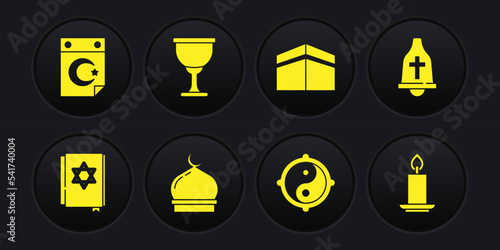 Set Jewish torah book, Church bell, Muslim Mosque, Yin Yang, Kaaba mosque, Holy grail chalice, Burning candle and Star crescent icon. Vector