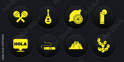 Set Hola, Tequila glass with lemon, Cigar, Volcano eruption lava, Lemon, Mexican guitar, Cactus and Maracas icon. Vector