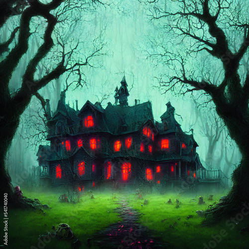 Wallpaper Mural An Illustration of an old haunted house with light in its windows surrounded by trees in a dark forest Torontodigital.ca