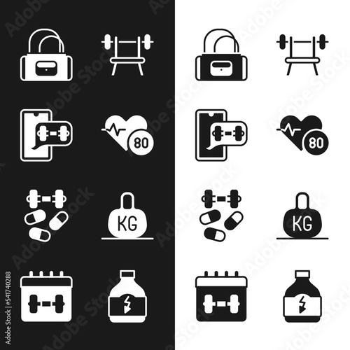 Set Heart rate, Fitness app, Sport bag, Bench with barbell, Sports doping dumbbell, Weight, nutrition and Calendar fitness icon. Vector