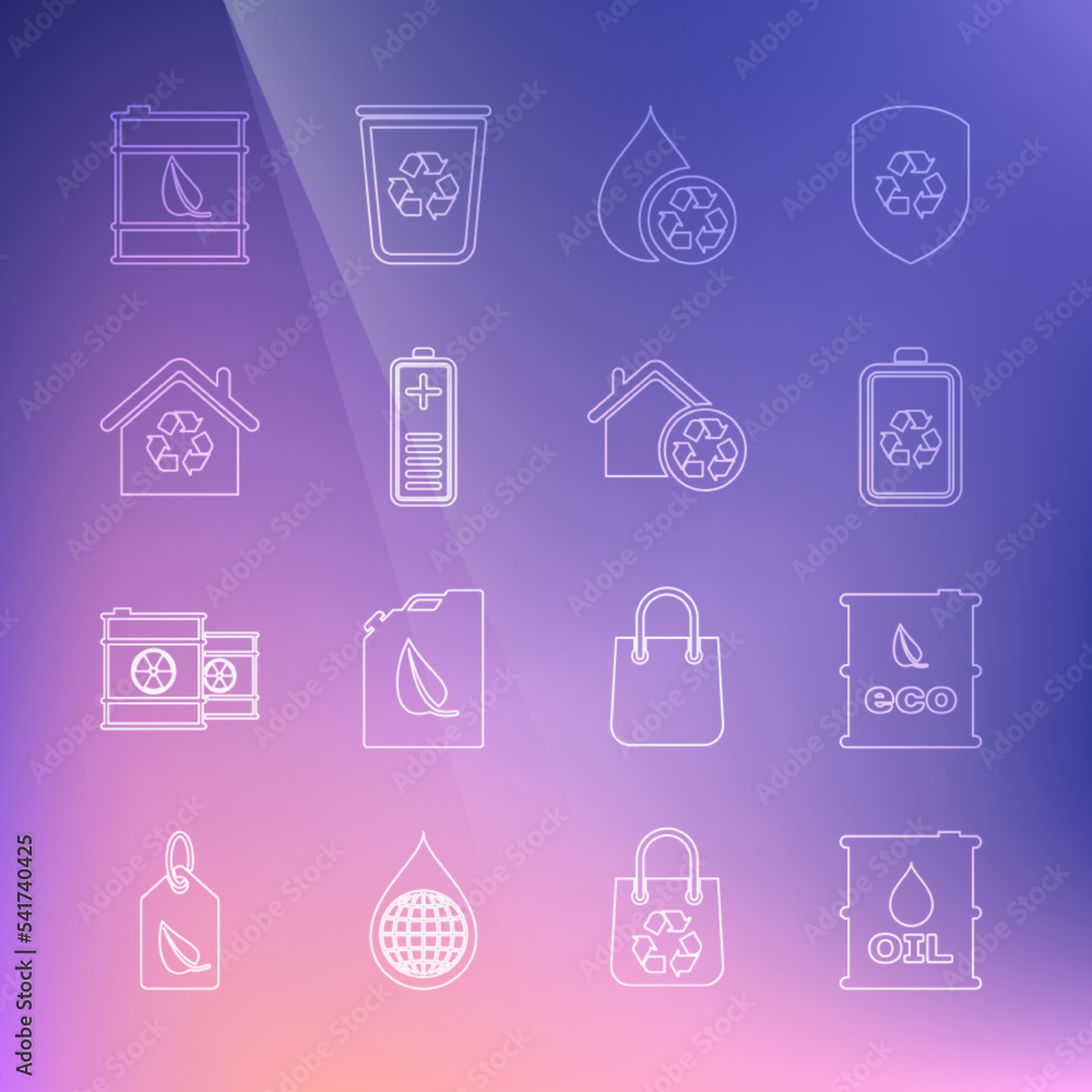 Set line Oil barrel, Bio fuel, Battery with recycle, Recycle clean aqua, charge level indicator, Eco House recycling, and icon. Vector Set line Oil barrel, Bio fuel, Battery with recycle, Recycle clean aqua, charge level indicator, Eco House recycling, and icon. Vector
