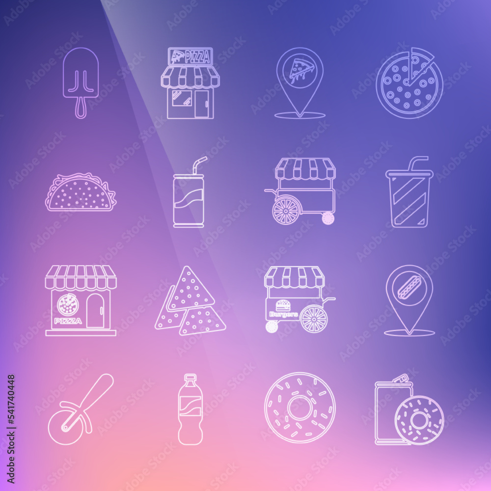 Set line Aluminum can soda and donut, Location with hotdog, Glass water, slice pizza, Soda drinking straw, Taco tortilla, Ice cream and Fast street food cart icon. Vector Set line Aluminum can soda and donut, Location with hotdog, Glass water, slice pizza, Soda drinking straw, Taco tortilla, Ice cream and Fast street food cart icon. Vector