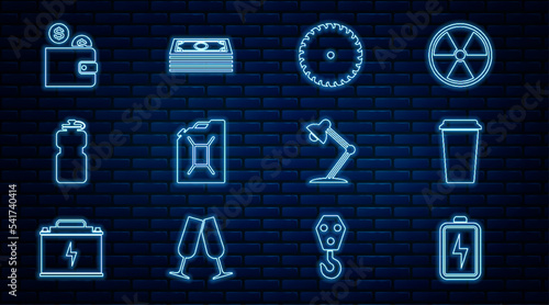Set line Battery, Coffee cup, Circular saw blade, Canister for gasoline, Sport bottle with water, Wallet coin, Table lamp and Stacks paper money cash icon. Vector