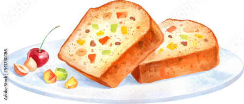 Watercolor illustration of Fruit Cake on plate