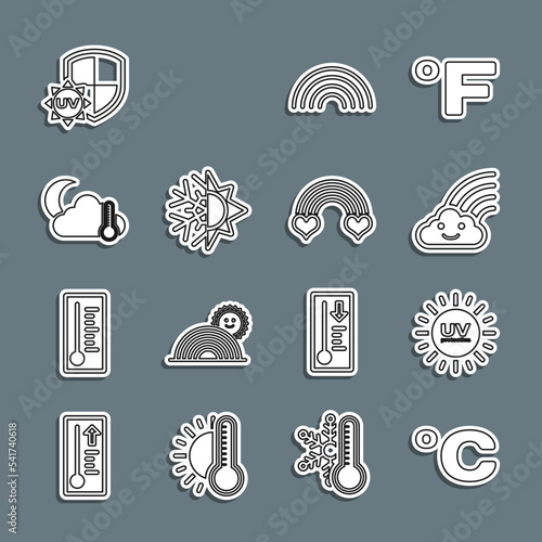 Set line Celsius, UV protection, Rainbow with cloud, Sun and snowflake, Thermometer moon, and heart icon. Vector