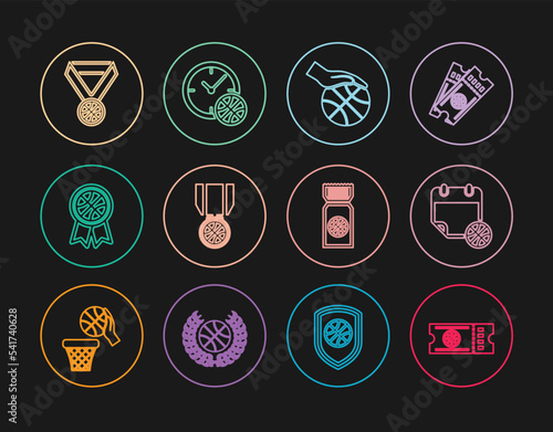 Set line Basketball game ticket, on sport calendar, Hand with basketball, medal, award, and Clock icon. Vector
