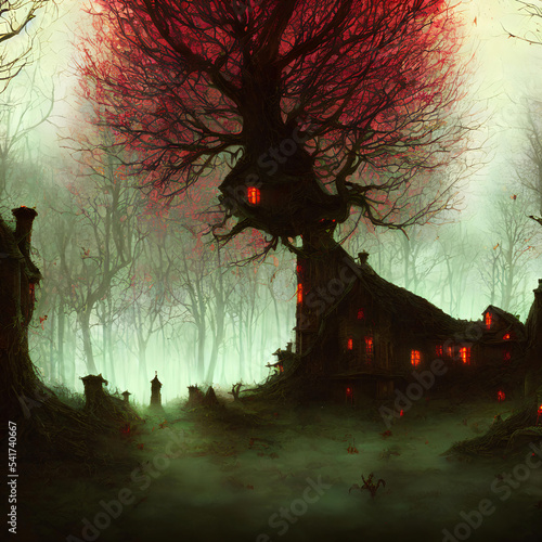 Wallpaper Mural An Illustration of an old haunted house with light in its windows surrounded by trees in a dark forest Torontodigital.ca