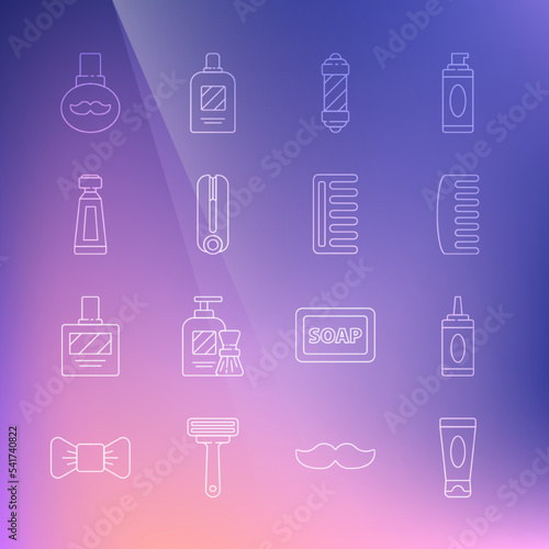 Set line Cream or lotion cosmetic tube, Bottle of shampoo, Hairbrush, Classic Barber shop pole, Curling iron for hair, Beard and mustaches care oil bottle and icon. Vector