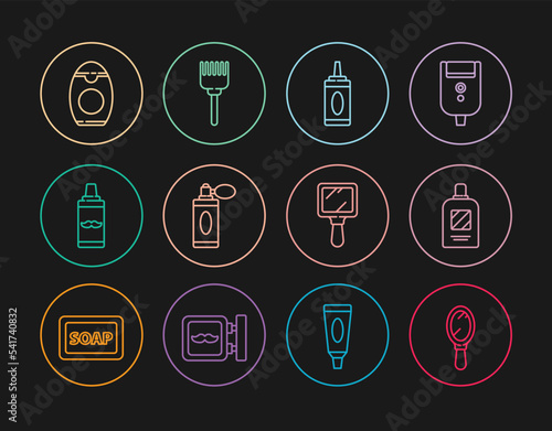 Set line Hand mirror, Bottle of shampoo, Aftershave bottle with atomizer, Shaving gel foam, and Hairbrush icon. Vector