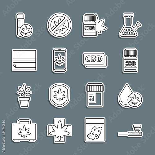 Set line Smoking pipe, Marijuana or cannabis olive oil, Medical bottle with, marijuana, Mobile and, Rolling paper, Chemical test tube and Cannabis molecule icon. Vector