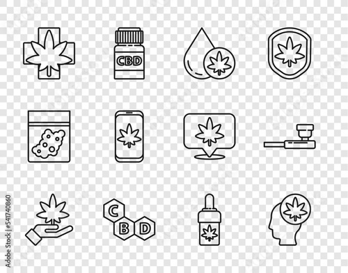 Set line Marijuana or cannabis leaf, Head with marijuana, olive oil, Cannabis molecule, Medical, Mobile and, and Smoking pipe icon. Vector