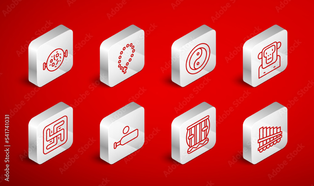 Set line Pan flute, Rosary beads religion, Yin Yang, Monkey, Instrument tabla, Chicken tikka masala, Wood cricket bat and ball and Hindu swastika icon. Vector Set line Pan flute, Rosary beads religion, Yin Yang, Monkey, Instrument tabla, Chicken tikka masala, Wood cricket bat and ball and Hindu swastika icon. Vector