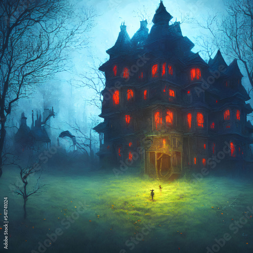 Wallpaper Mural An Illustration of an old haunted house with light in its windows surrounded by trees in a dark forest Torontodigital.ca