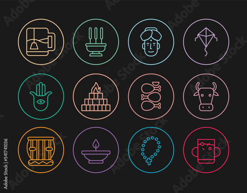 Set line Cup of tea and leaf, Cow, Indian man, Yagna, Hamsa hand, with bag, Tandoori chicken and Incense sticks icon. Vector