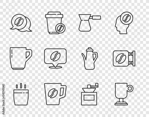 Set line Coffee cup, Irish coffee, turk, and conversation, Location with bean, Manual grinder and Street signboard icon. Vector