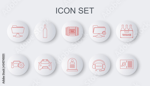 Set line Music book with note, Car service, Wooden barrel for wine, Headphones speech bubble, FTP folder, Bottle of, Police car and flasher and Tombstone RIP written icon. Vector