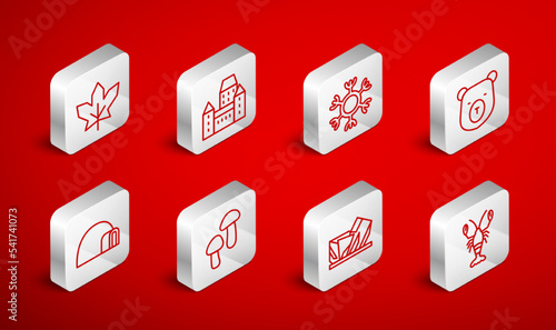 Set line Lobster, Chateau Frontenac hotel, Snowflake, Bear head, Royal Ontario museum, Canadian maple leaf, Mushroom and Igloo ice house icon. Vector