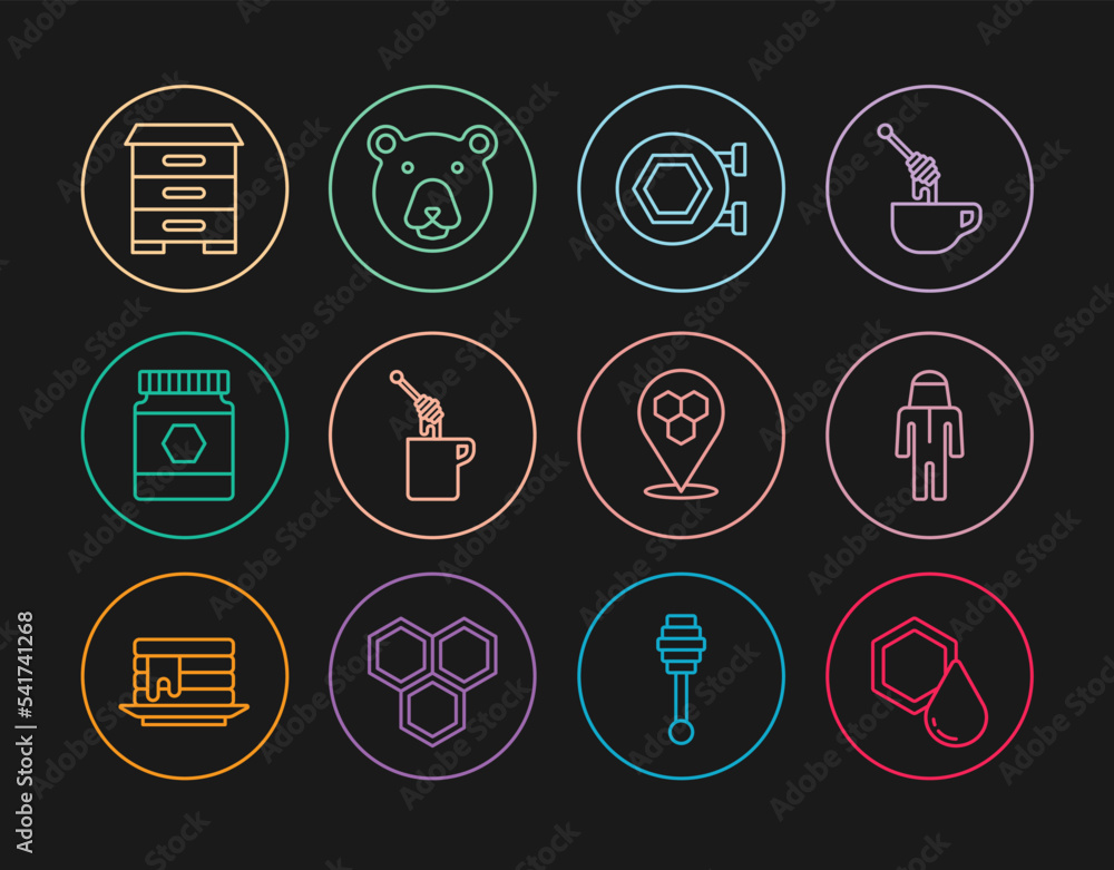 Set line Honeycomb, Beekeeper with protect hat, Hanging sign honeycomb, dipper stick, Jar of, Hive for bees, location and Bear head icon. Vector Set line Honeycomb, Beekeeper with protect hat, Hanging sign honeycomb, dipper stick, Jar of, Hive for bees, location and Bear head icon. Vector