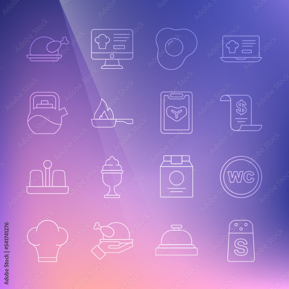 Set line Salt, Toilet, Paper or financial check, Scrambled eggs, Frying pan, Kettle with handle, Roasted turkey chicken and Restaurant cafe menu icon. Vector Set line Salt, Toilet, Paper or financial check, Scrambled eggs, Frying pan, Kettle with handle, Roasted turkey chicken and Restaurant cafe menu icon. Vector