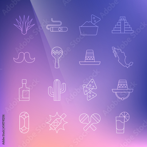 Set line Tequila glass with lemon, Mexican sombrero, Map of mexican, Nachos in bowl, Maracas, Mustache, Agave and icon. Vector