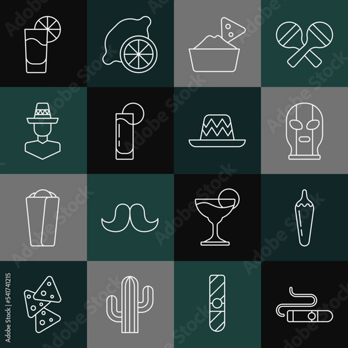 Set line Cigar, Hot chili pepper pod, Mexican wrestler, Nachos in bowl, Tequila glass with lemon, man sombrero, and icon. Vector