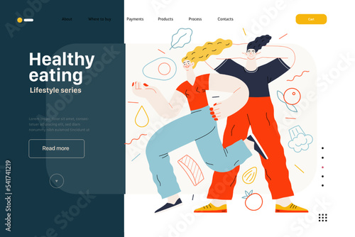 Lifestyle web template - Healthy eating - modern flat vector illustration of a woman and a man practicing healthy balanced diet. People activities concept