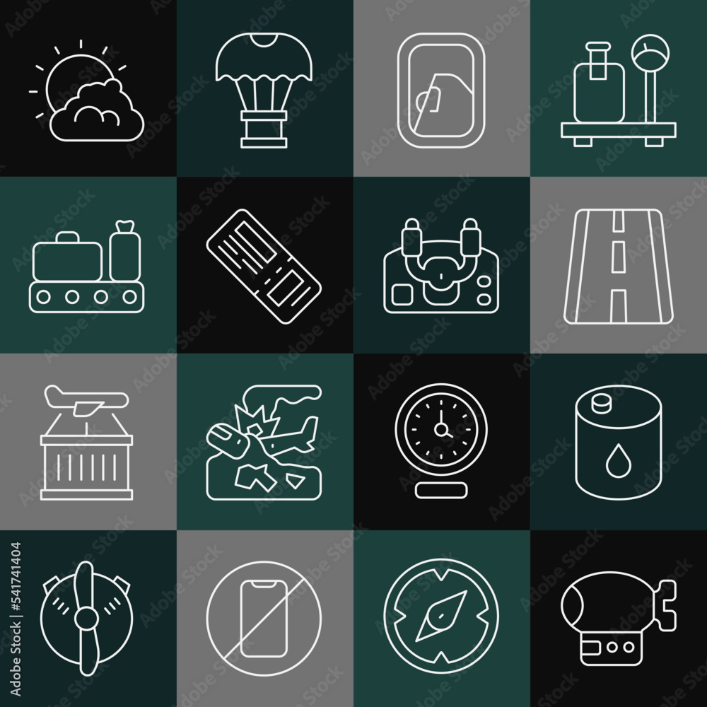 Set line Airship, Barrel oil, Airport runway, Airplane window, Airline ticket, Conveyor belt with suitcase, Sun and cloud weather and Aircraft steering helm icon. Vector Set line Airship, Barrel oil, Airport runway, Airplane window, Airline ticket, Conveyor belt with suitcase, Sun and cloud weather and Aircraft steering helm icon. Vector