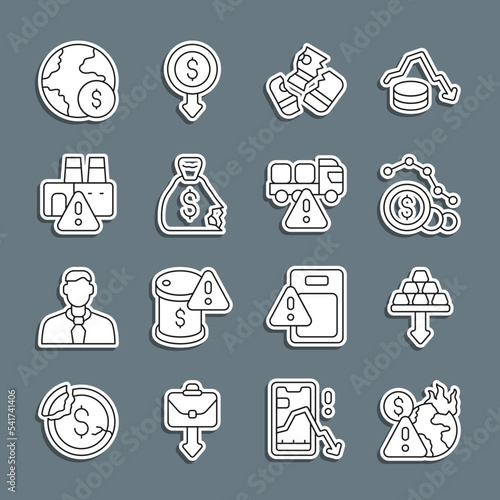 Set line Global economic crisis, Gold bars, Dollar rate decrease, Credit card, Money bag, Shutdown of factory, and Stop delivery cargo truck icon. Vector