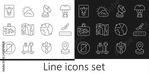 Set line Location, Plane takeoff, Radar, World travel map, Suitcase, Passport, Worldwide and Sun and cloud weather icon. Vector