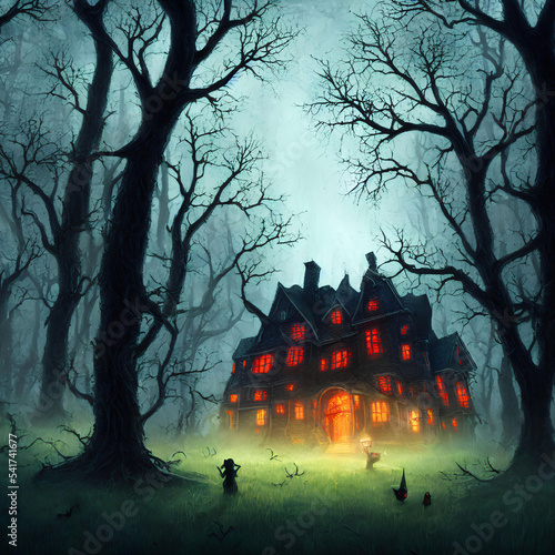 Wallpaper Mural An Illustration of an old haunted house with light in its windows surrounded by trees in a dark forest Torontodigital.ca