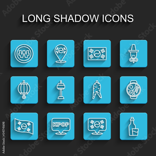 Set line South Korea flag, K-pop, Korean won coin, Location, Soju bottle, N Seoul tower, Ramen and Ginseng root icon. Vector