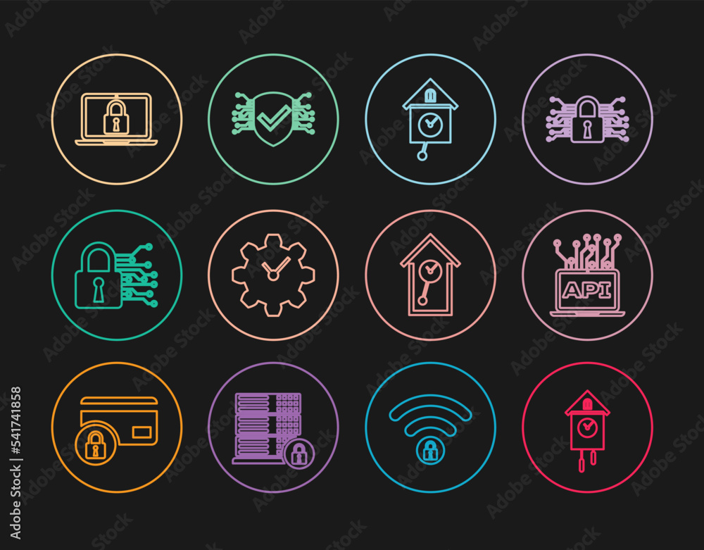 Set line Retro wall watch, Computer api interface, Time Management, Cyber security, Laptop and lock, and icon. Vector