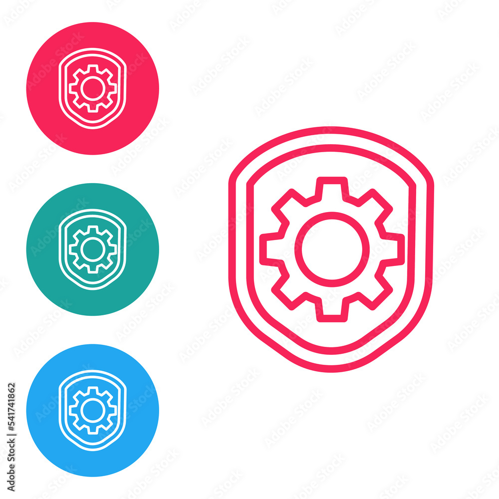 Red line Shield with settings gear icon isolated on white background. Adjusting, service, maintenance, repair, fixing. Set icons in circle buttons. Vector Illustration Red line Shield with settings gear icon isolated on white background. Adjusting, service, maintenance, repair, fixing. Set icons in circle buttons. Vector Illustration