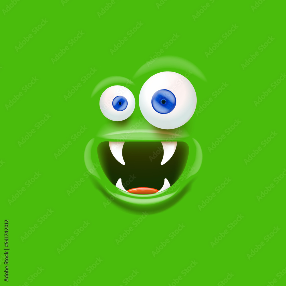 Vector funny green monster face with open mouth with fangs and eyes isolated on green background. Halloween cute and funky monster design template for poster, banner and tee print Vector funny green monster face with open mouth with fangs and eyes isolated on green background. Halloween cute and funky monster design template for poster, banner and tee print