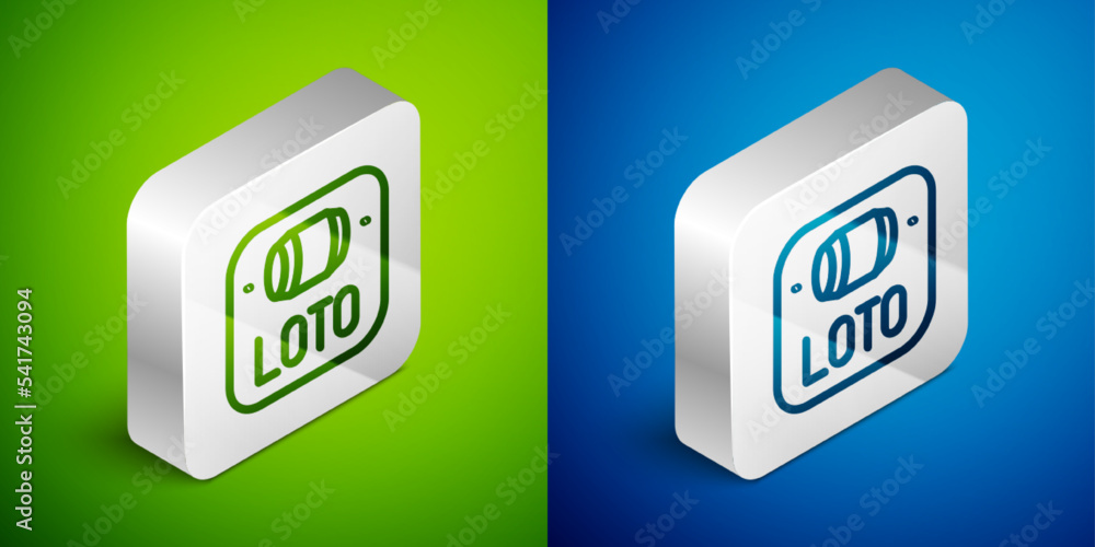Isometric line Lottery ticket icon isolated on green and blue background. Bingo, lotto, cash prizes. Financial success, prosperity, victory, winnings luck. Silver square button. Vector Isometric line Lottery ticket icon isolated on green and blue background. Bingo, lotto, cash prizes. Financial success, prosperity, victory, winnings luck. Silver square button. Vector