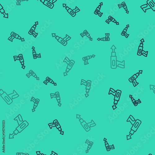 Black line Fishing harpoon icon isolated seamless pattern on green background. Fishery manufacturers for catching fish under water. Diving underwater equipment. Vector