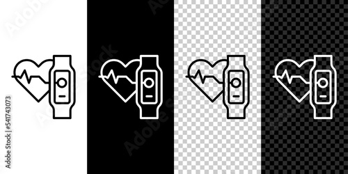Set line Smart watch showing heart beat rate icon isolated on black and white, transparent background. Fitness App concept. Vector