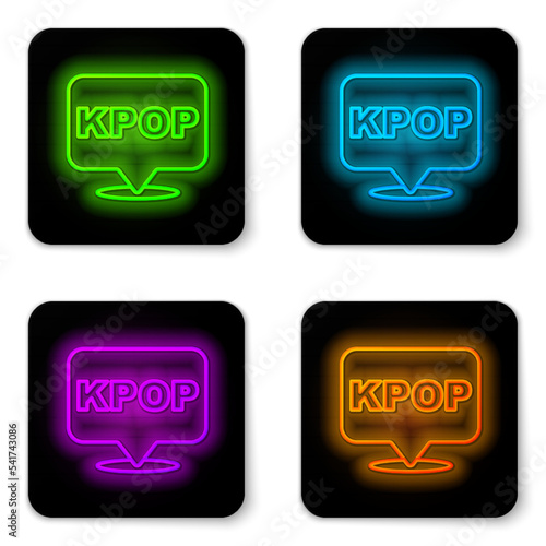 Glowing neon line K-pop icon isolated on white background. Korean popular music style. Black square button. Vector