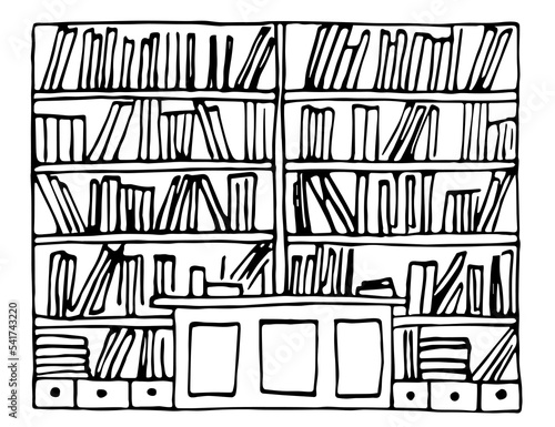 Simple hand drawn black outline vector drawing. Home library, secretary table, professor's office. Shelves, drawers. Scientific literature, education. Sketch in ink.