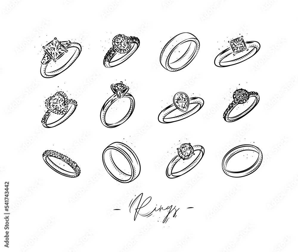 Set of jewelry, engagement and wedding ring drawing in graphic vintage  style Stock-vektor | Adobe Stock