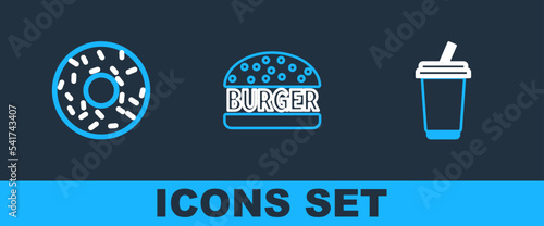 Set line Glass with water, Donut and Burger icon. Vector