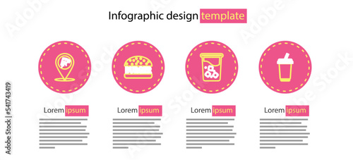 Set line Glass with water, Burger and Location slice pizza icon. Vector